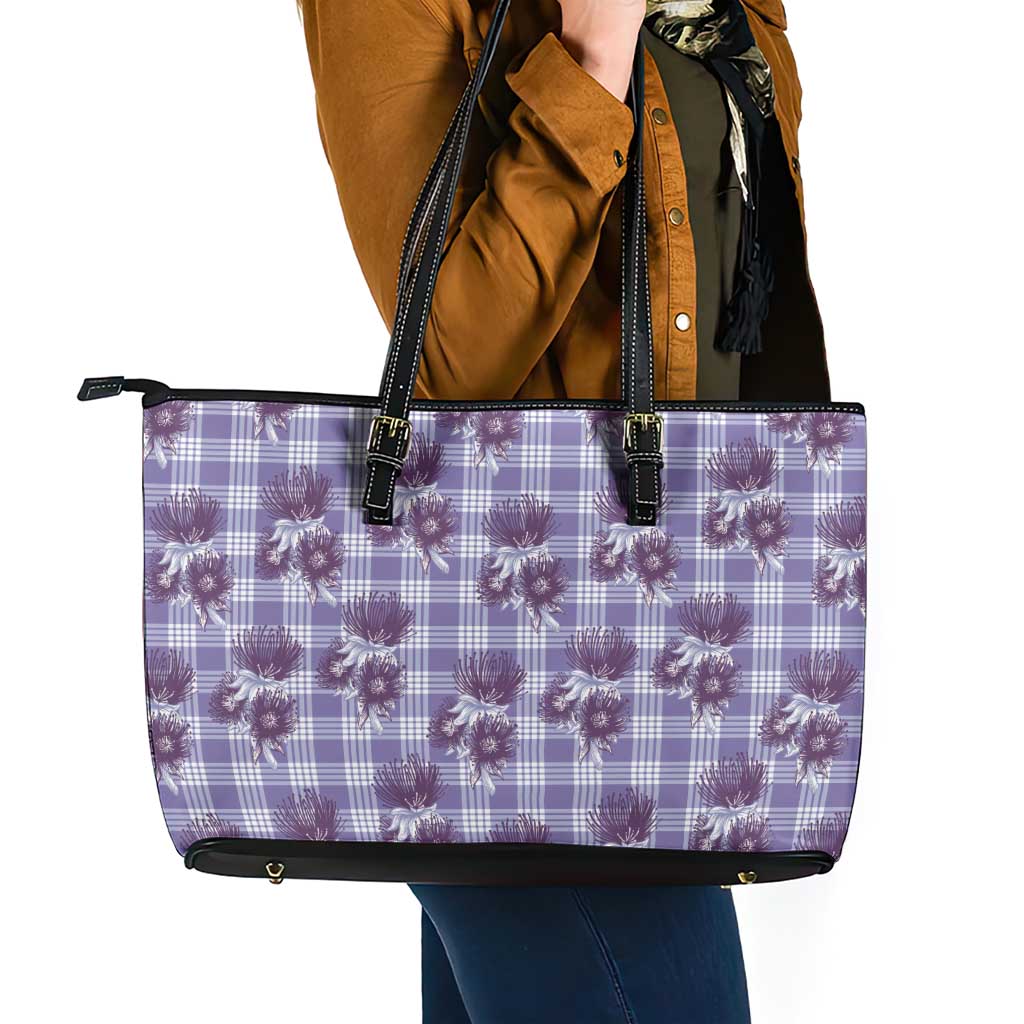 Purple Palaka Hawaii Leather Tote Bag Hawaiian Lehua Blossoms