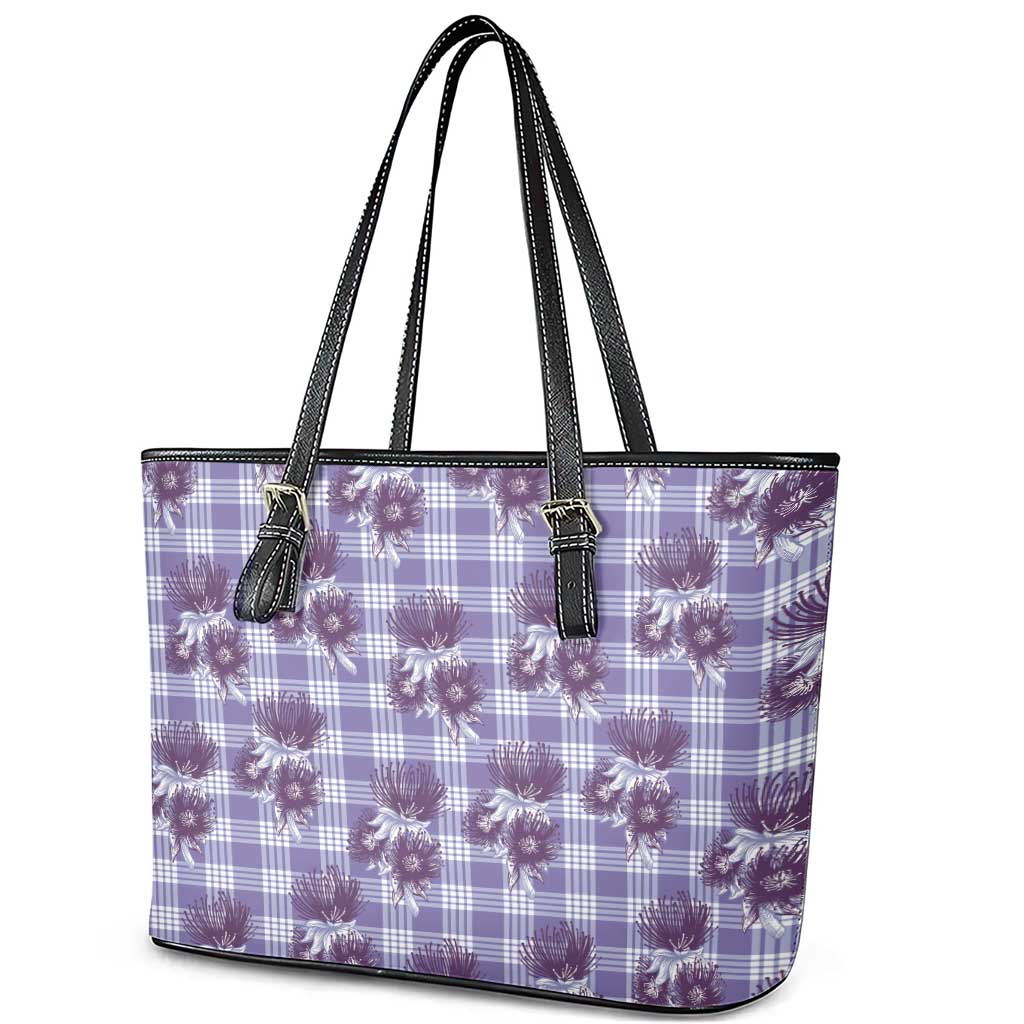 Purple Palaka Hawaii Leather Tote Bag Hawaiian Lehua Blossoms