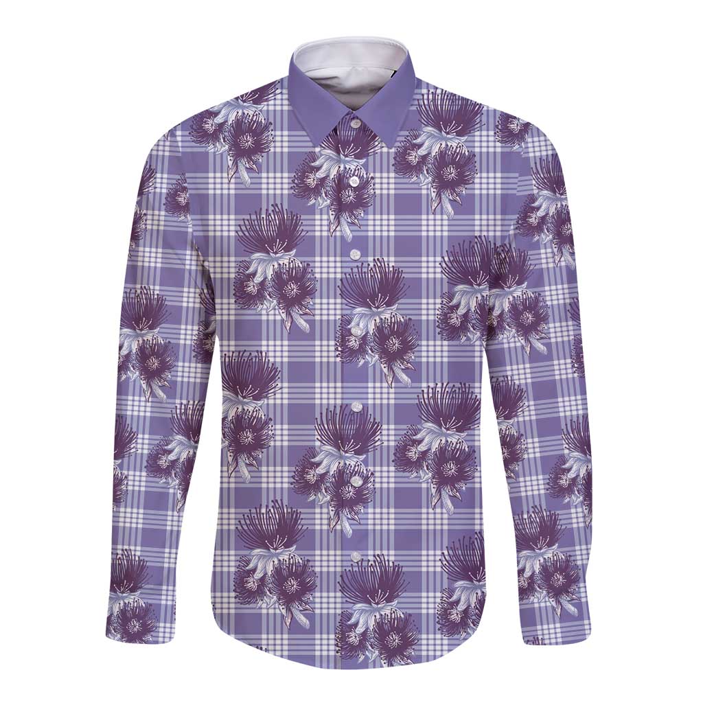 Purple Palaka Hawaii Long Sleeve Button Shirt Hawaiian Lehua Blossoms