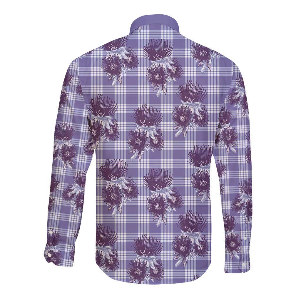 Purple Palaka Hawaii Long Sleeve Button Shirt Hawaiian Lehua Blossoms