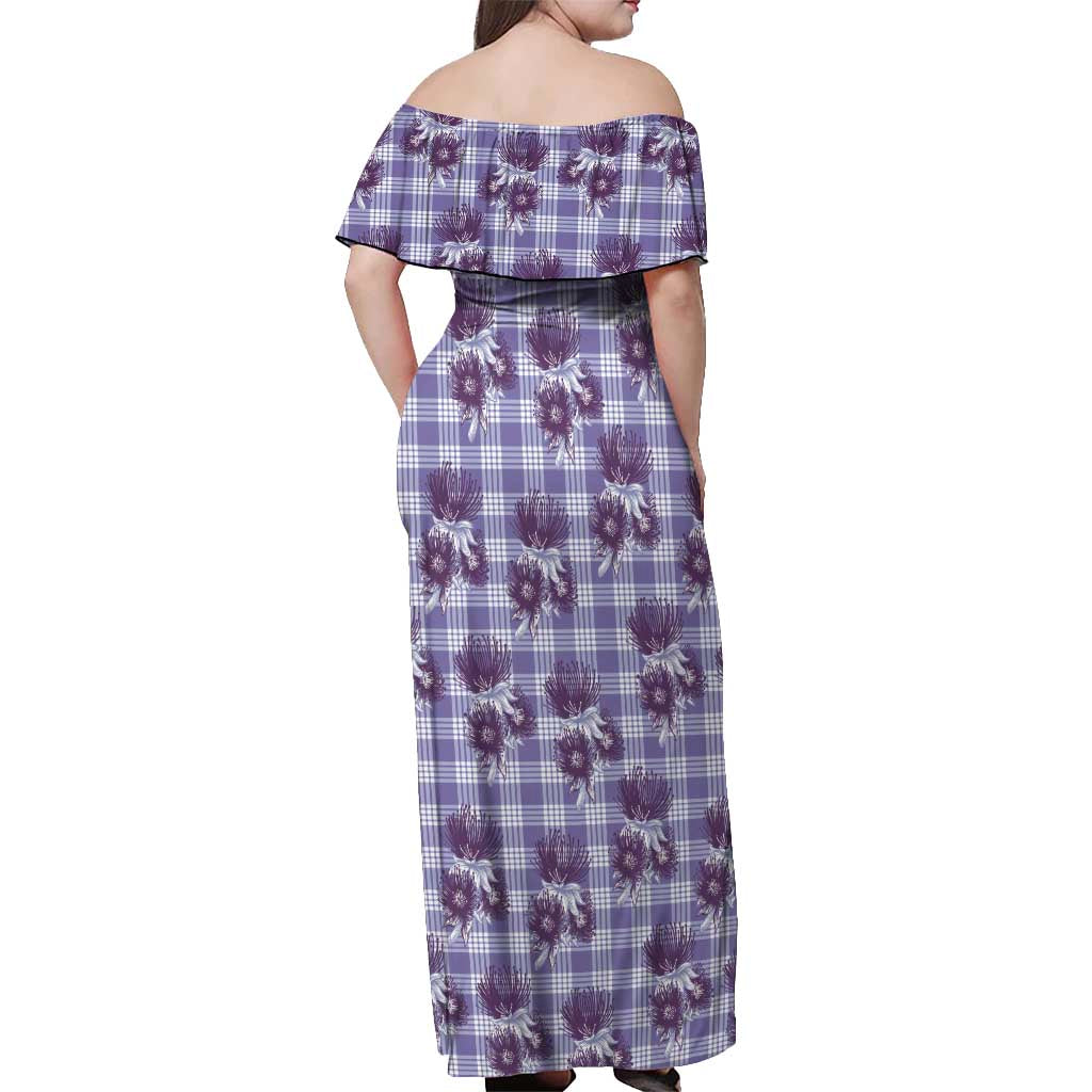 Purple Palaka Hawaii Off Shoulder Maxi Dress Hawaiian Lehua Blossoms
