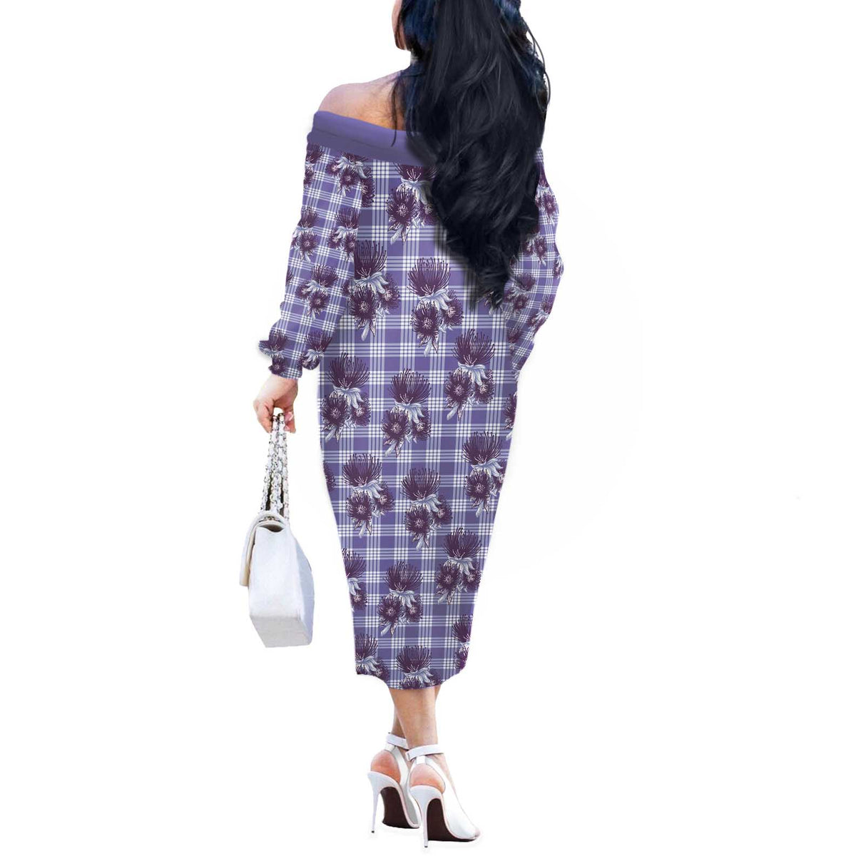 Purple Palaka Hawaii Off The Shoulder Long Sleeve Dress Hawaiian Lehua Blossoms