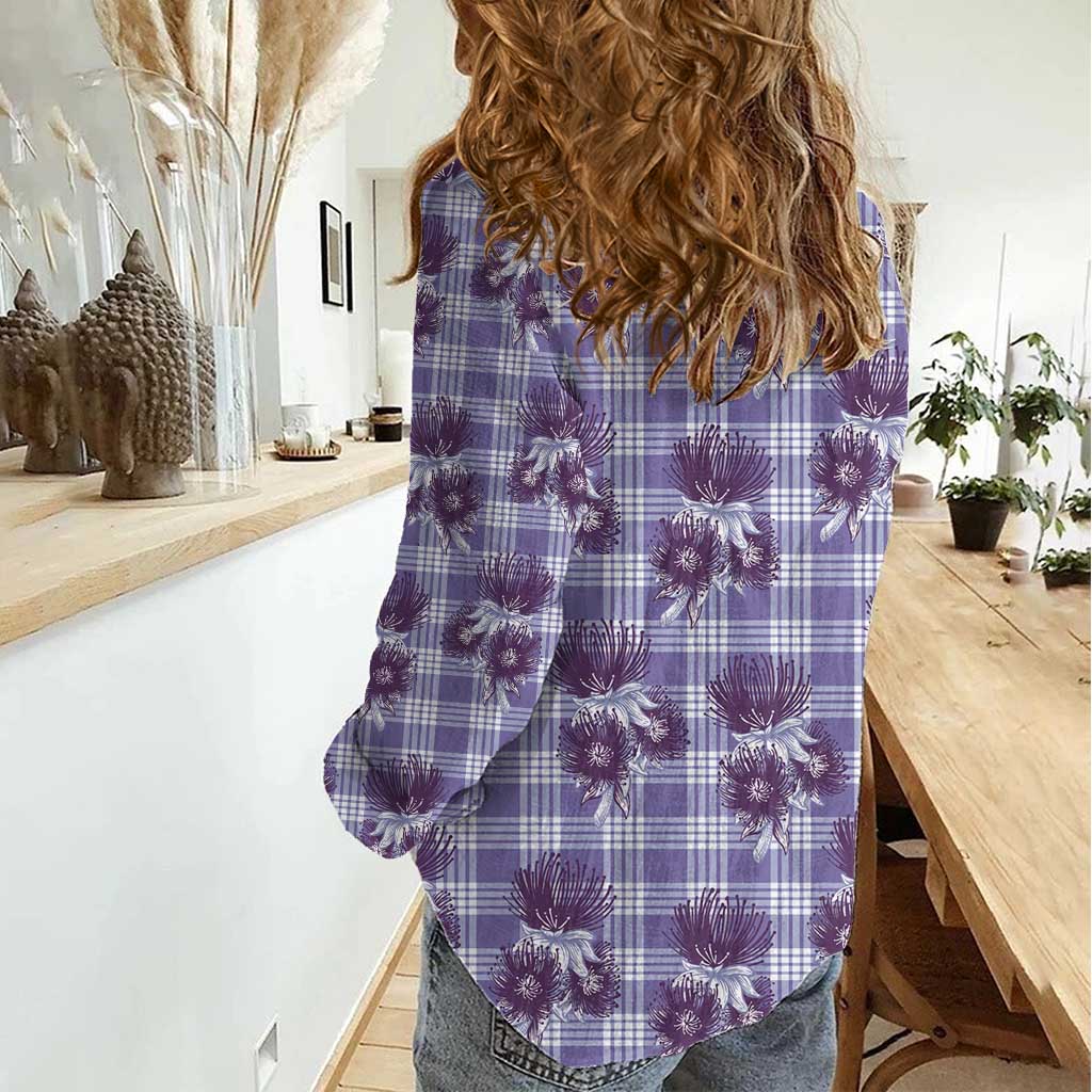 Purple Palaka Hawaii Women Casual Shirt Hawaiian Lehua Blossoms LT05 - Polynesian Pride