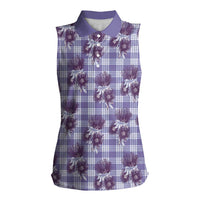 Purple Palaka Hawaii Women Sleeveless Polo Shirt Hawaiian Lehua Blossoms