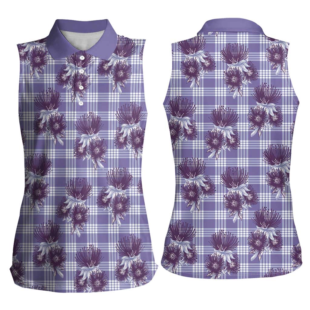 Purple Palaka Hawaii Women Sleeveless Polo Shirt Hawaiian Lehua Blossoms