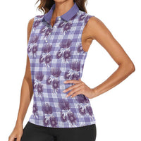 Purple Palaka Hawaii Women Sleeveless Polo Shirt Hawaiian Lehua Blossoms