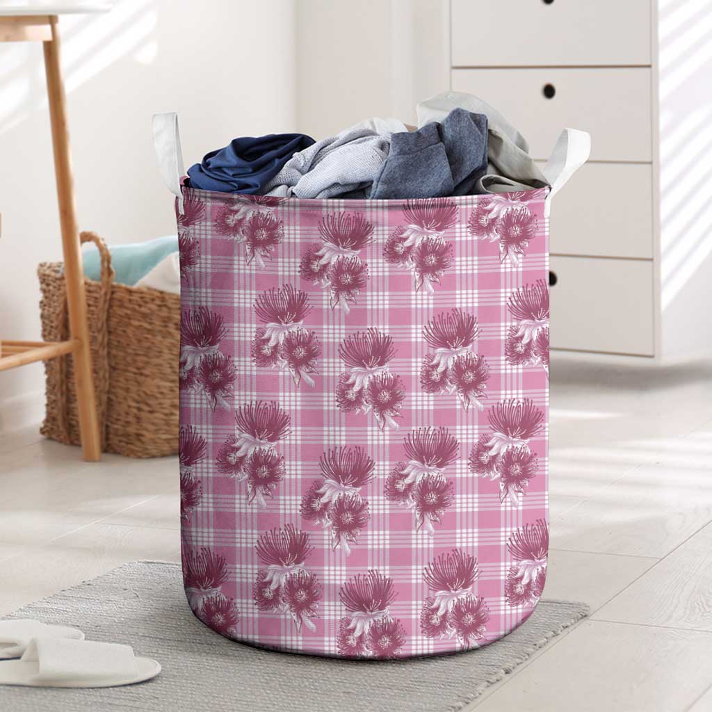 Pink Palaka Hawaii Laundry Basket Hawaiian Lehua Blossoms