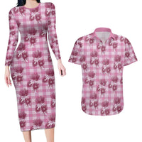 Pink Palaka Hawaii Couples Matching Long Sleeve Bodycon Dress and Hawaiian Shirt Hawaiian Lehua Blossoms