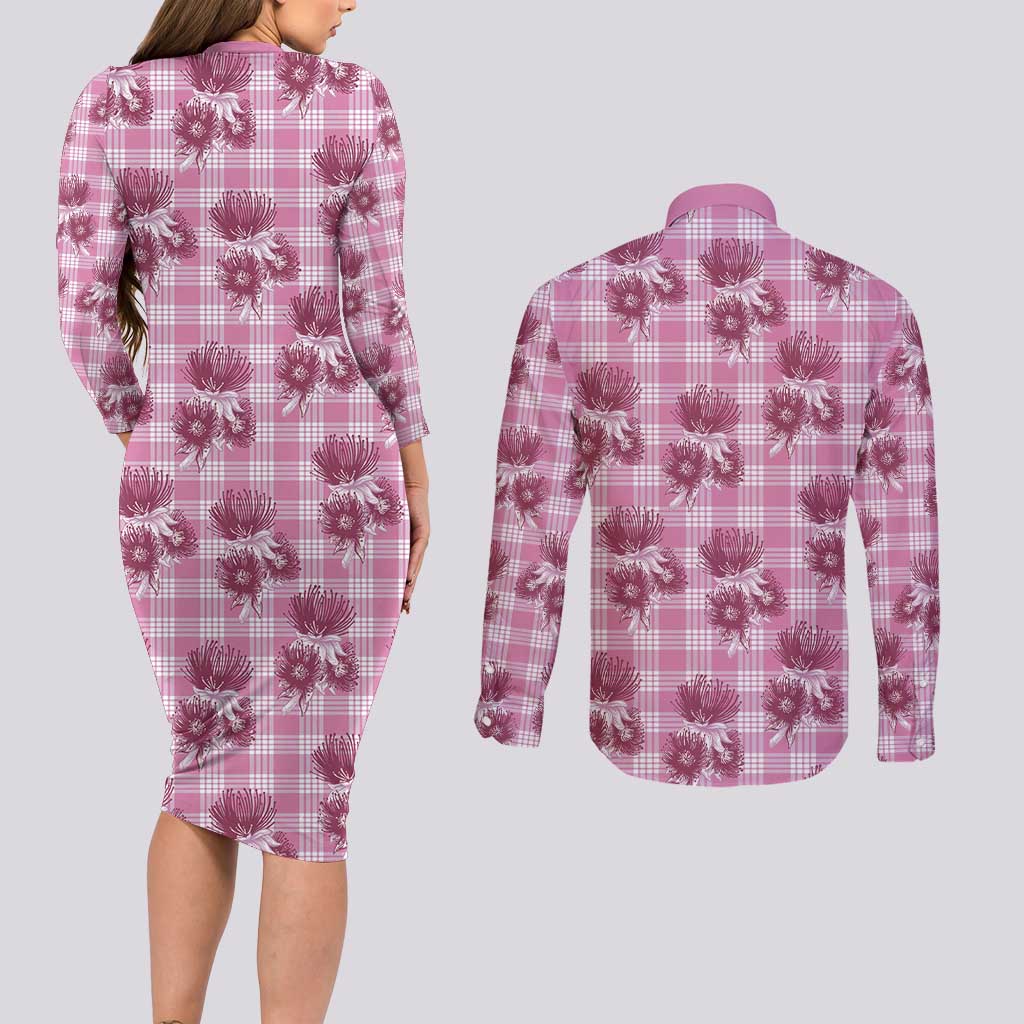 Pink Palaka Hawaii Couples Matching Long Sleeve Bodycon Dress and Long Sleeve Button Shirt Hawaiian Lehua Blossoms