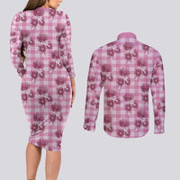 Pink Palaka Hawaii Couples Matching Long Sleeve Bodycon Dress and Long Sleeve Button Shirt Hawaiian Lehua Blossoms