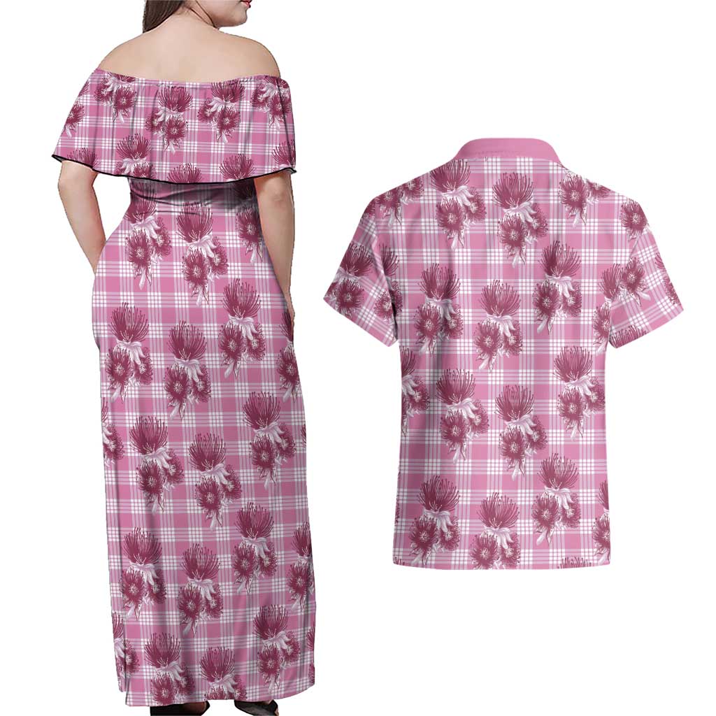 Pink Palaka Hawaii Couples Matching Off Shoulder Maxi Dress and Hawaiian Shirt Hawaiian Lehua Blossoms