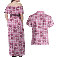 Pink Palaka Hawaii Couples Matching Off Shoulder Maxi Dress and Hawaiian Shirt Hawaiian Lehua Blossoms