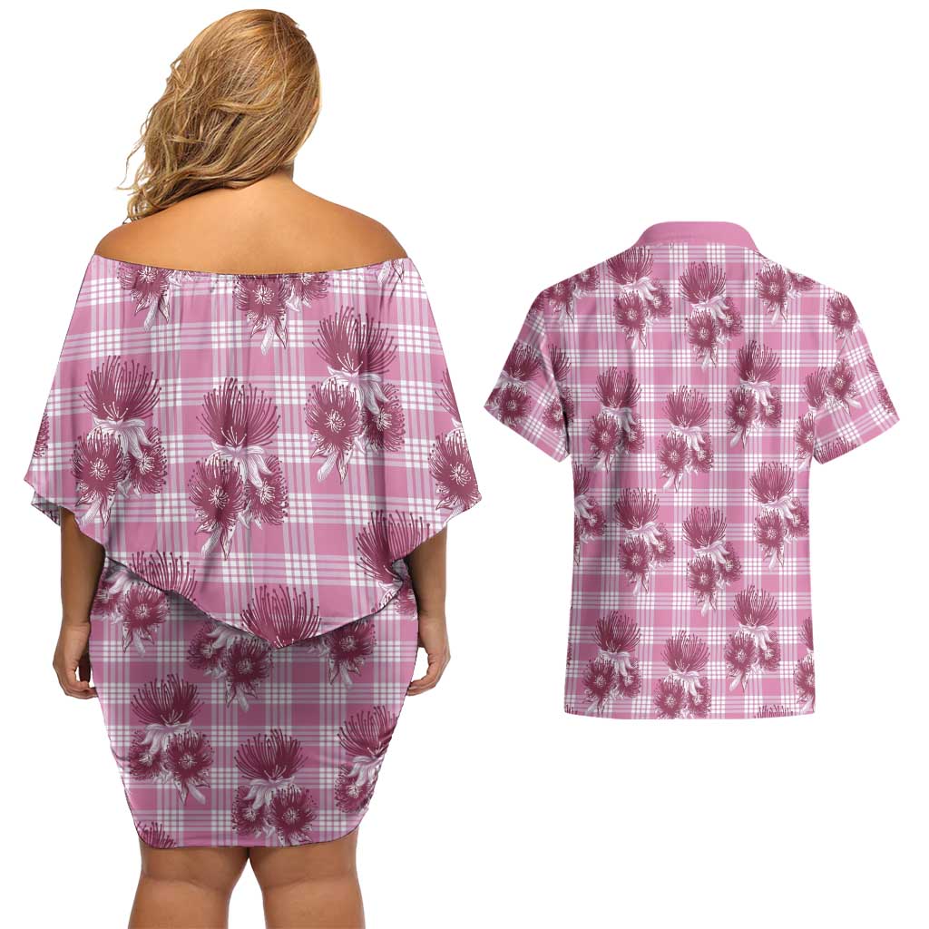 Pink Palaka Hawaii Couples Matching Off Shoulder Short Dress and Hawaiian Shirt Hawaiian Lehua Blossoms