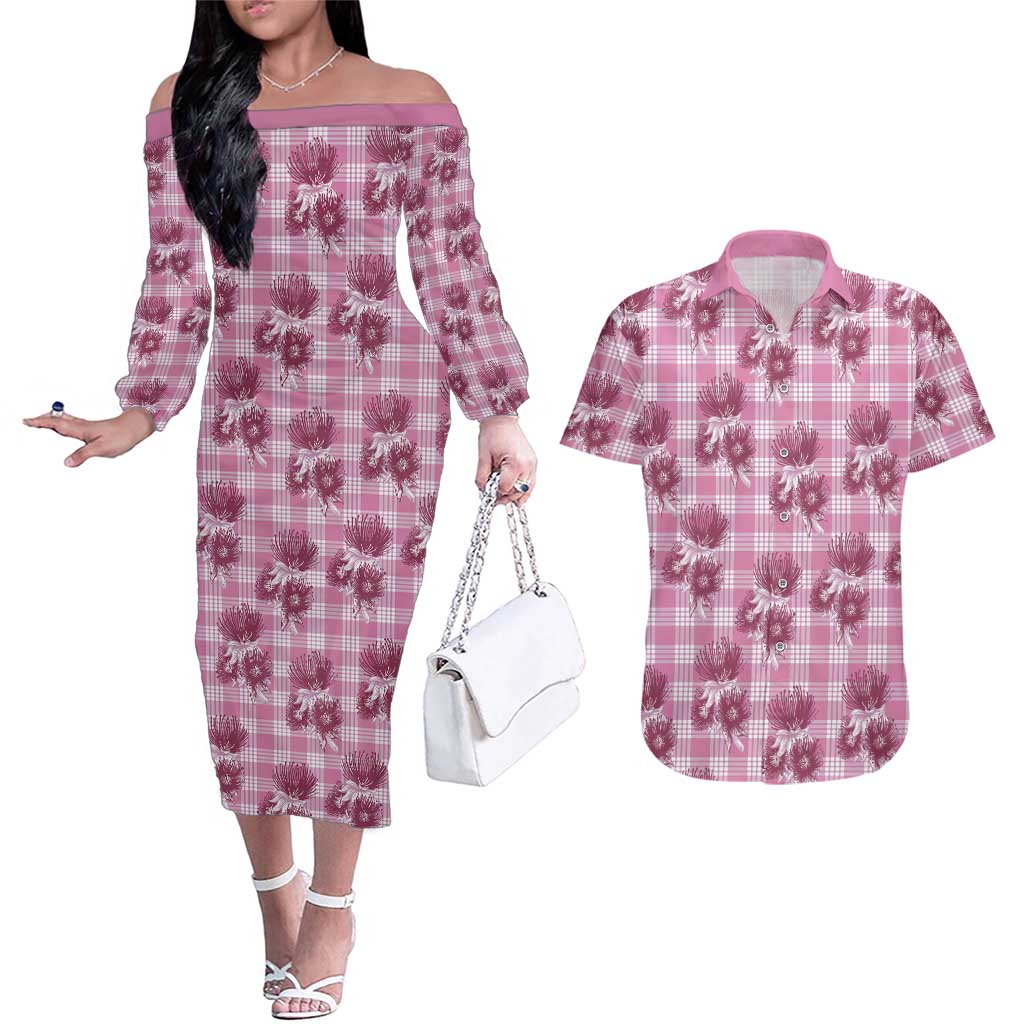 Pink Palaka Hawaii Couples Matching Off The Shoulder Long Sleeve Dress and Hawaiian Shirt Hawaiian Lehua Blossoms