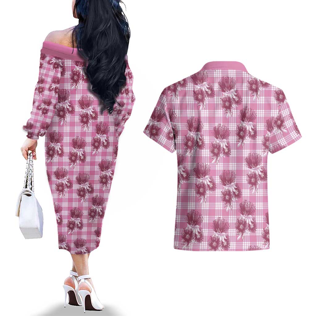 Pink Palaka Hawaii Couples Matching Off The Shoulder Long Sleeve Dress and Hawaiian Shirt Hawaiian Lehua Blossoms