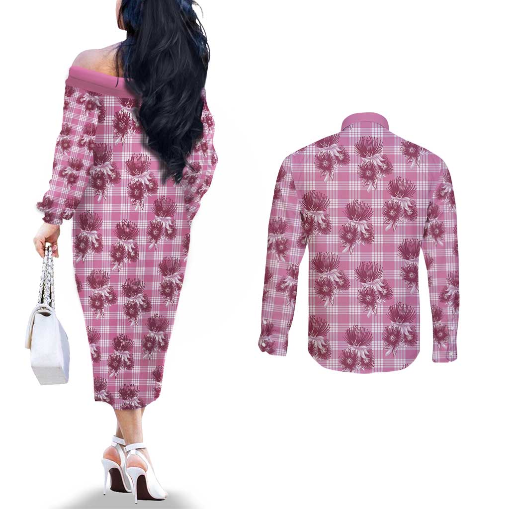 Pink Palaka Hawaii Couples Matching Off The Shoulder Long Sleeve Dress and Long Sleeve Button Shirt Hawaiian Lehua Blossoms