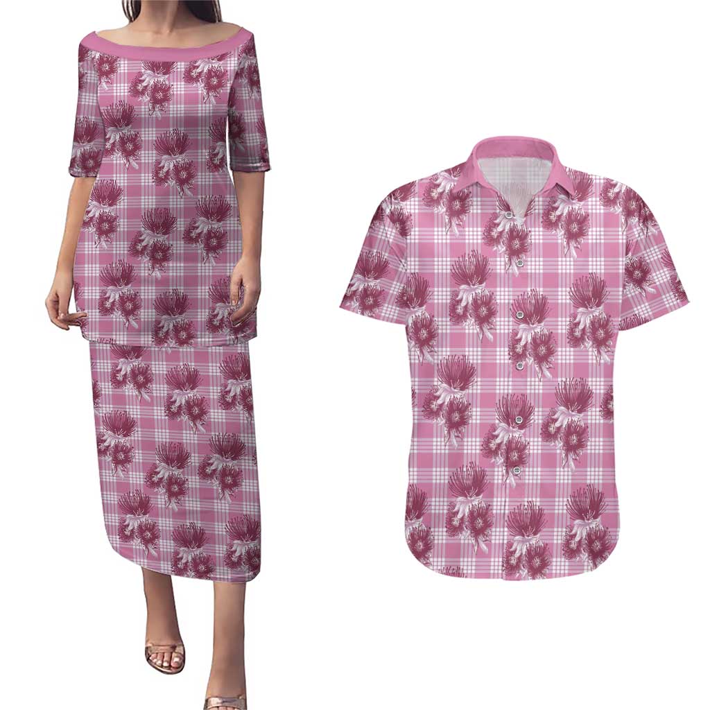 Pink Palaka Hawaii Couples Matching Puletasi and Hawaiian Shirt Hawaiian Lehua Blossoms