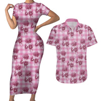 Pink Palaka Hawaii Couples Matching Short Sleeve Bodycon Dress and Hawaiian Shirt Hawaiian Lehua Blossoms