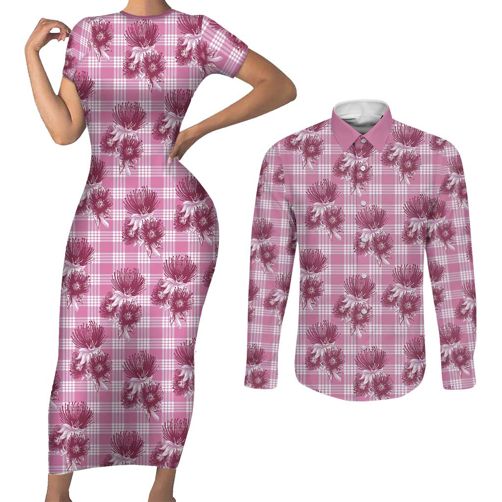Pink Palaka Hawaii Couples Matching Short Sleeve Bodycon Dress and Long Sleeve Button Shirt Hawaiian Lehua Blossoms