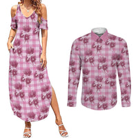 Pink Palaka Hawaii Couples Matching Summer Maxi Dress and Long Sleeve Button Shirt Hawaiian Lehua Blossoms