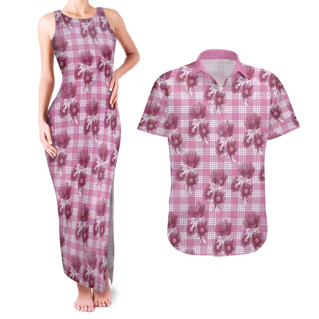 Pink Palaka Hawaii Couples Matching Tank Maxi Dress and Hawaiian Shirt Hawaiian Lehua Blossoms