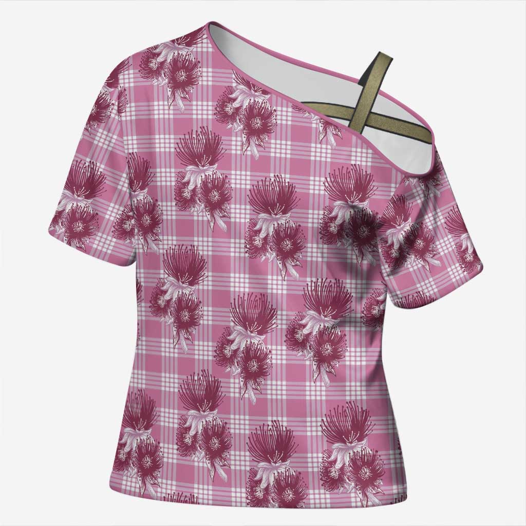 Pink Palaka Hawaii Cross Shoulder Shirt Hawaiian Lehua Blossoms
