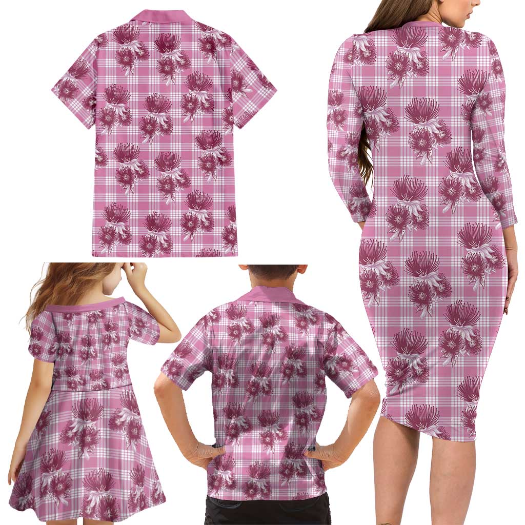 Pink Palaka Hawaii Family Matching Long Sleeve Bodycon Dress and Hawaiian Shirt Hawaiian Lehua Blossoms