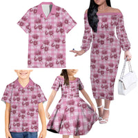 Pink Palaka Hawaii Family Matching Off The Shoulder Long Sleeve Dress and Hawaiian Shirt Hawaiian Lehua Blossoms