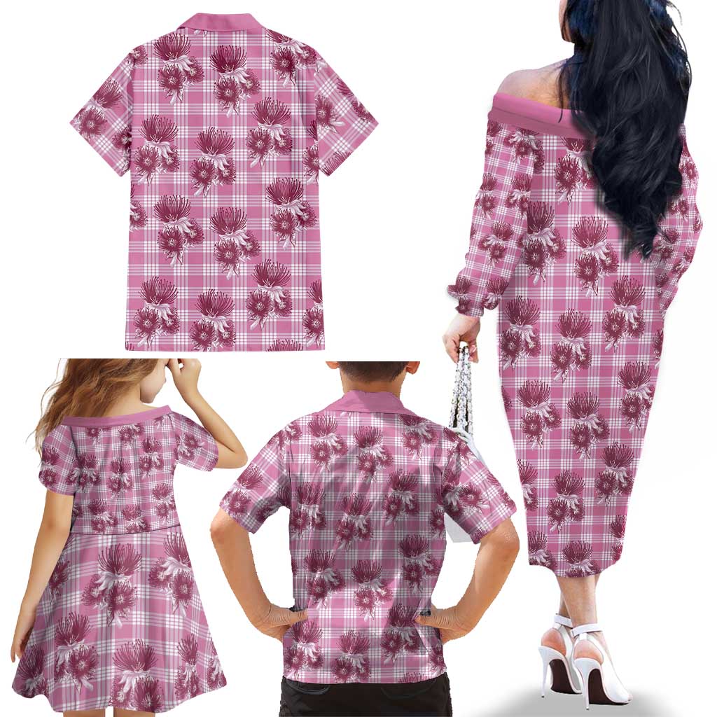 Pink Palaka Hawaii Family Matching Off The Shoulder Long Sleeve Dress and Hawaiian Shirt Hawaiian Lehua Blossoms