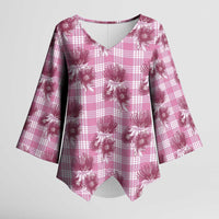 Pink Palaka Hawaii Kimono Sleeve Blouse Hawaiian Lehua Blossoms LT05 Female Pink - Polynesian Pride