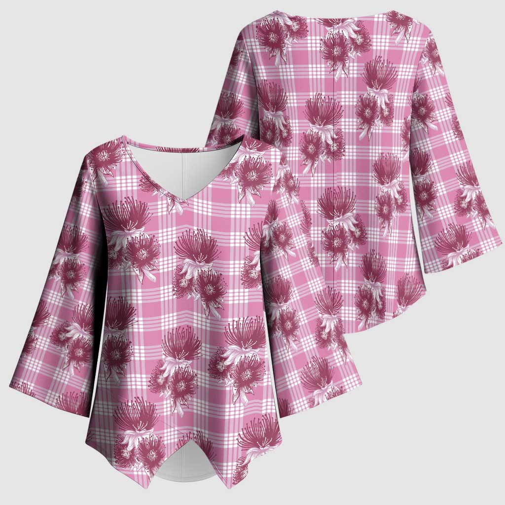 Pink Palaka Hawaii Kimono Sleeve Blouse Hawaiian Lehua Blossoms LT05 - Polynesian Pride