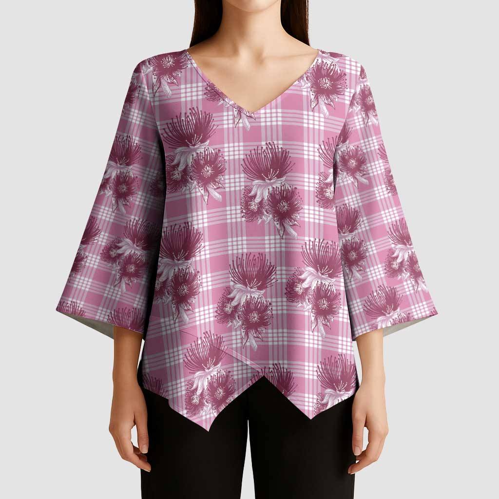 Pink Palaka Hawaii Kimono Sleeve Blouse Hawaiian Lehua Blossoms LT05 - Polynesian Pride