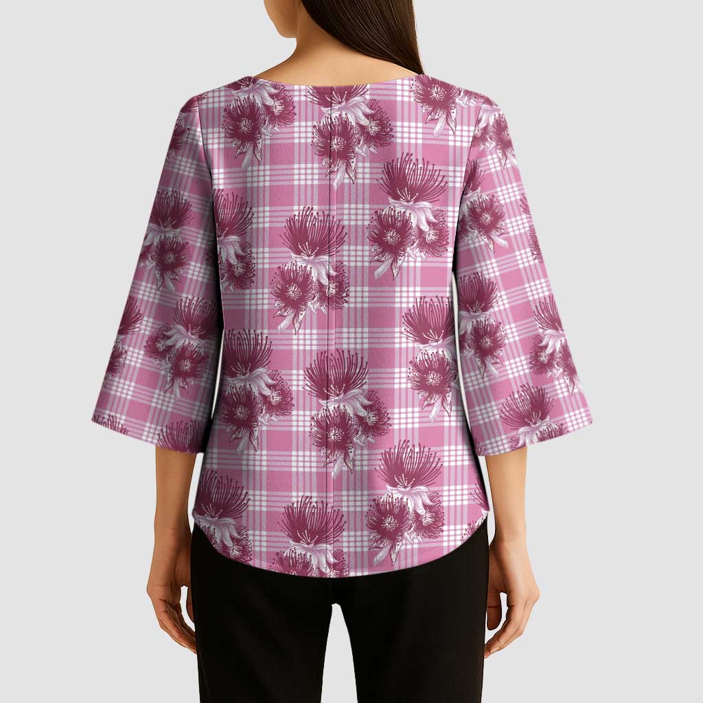 Pink Palaka Hawaii Kimono Sleeve Blouse Hawaiian Lehua Blossoms LT05 - Polynesian Pride