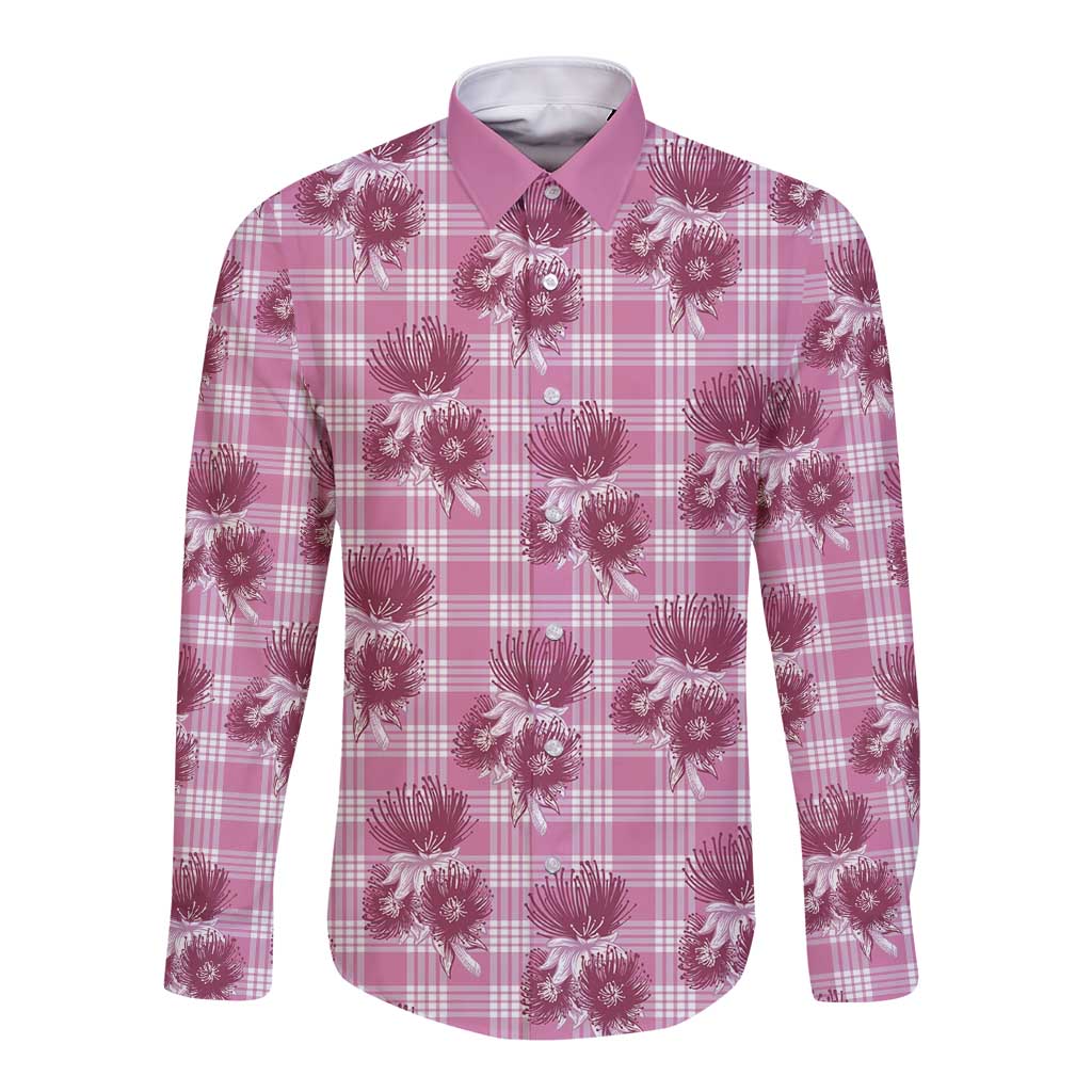 Pink Palaka Hawaii Long Sleeve Button Shirt Hawaiian Lehua Blossoms