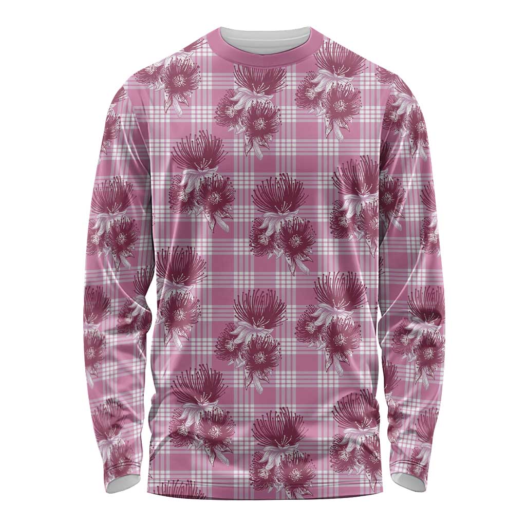 Pink Palaka Hawaii Long Sleeve Shirt Hawaiian Lehua Blossoms