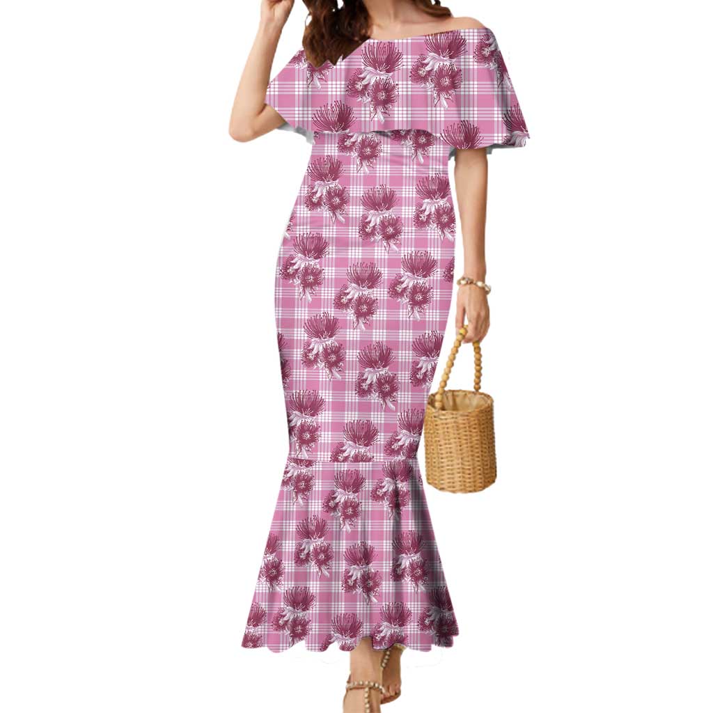Pink Palaka Hawaii Mermaid Dress Hawaiian Lehua Blossoms
