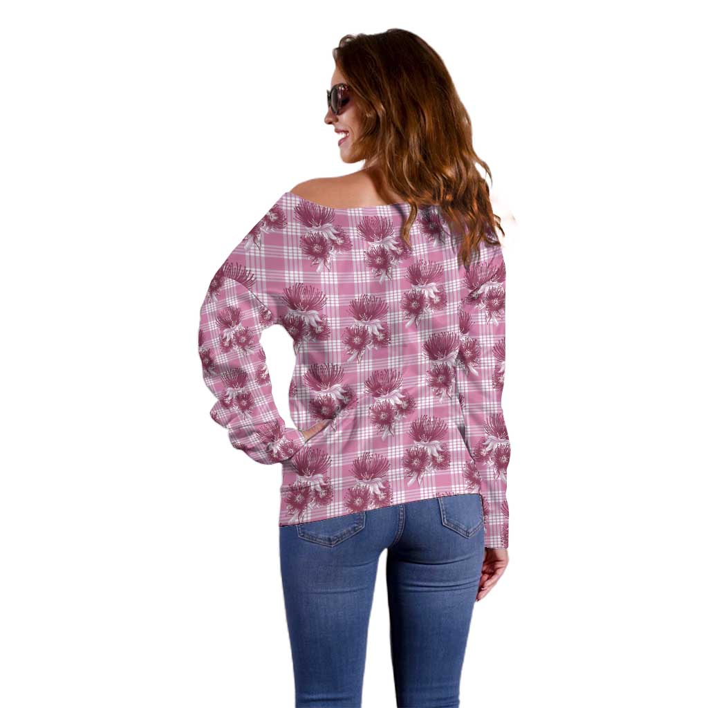 Pink Palaka Hawaii Off Shoulder Sweater Hawaiian Lehua Blossoms LT05 - Polynesian Pride