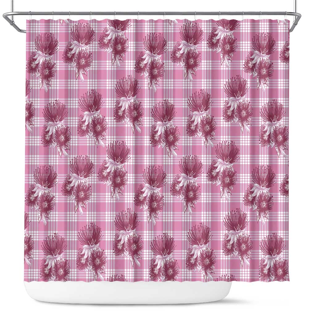 Pink Palaka Hawaii Shower Curtain Hawaiian Lehua Blossoms