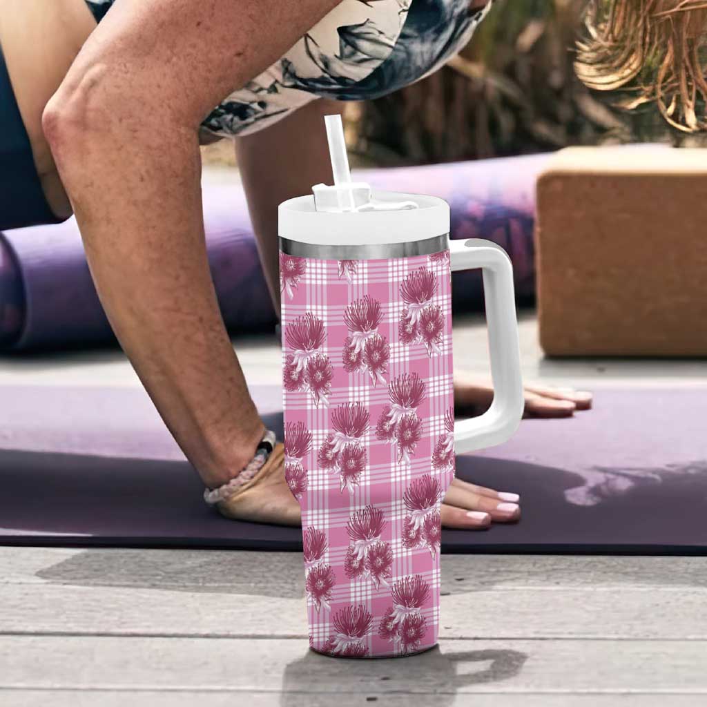 Pink Palaka Hawaii Tumbler With Handle Hawaiian Lehua Blossoms LT05 - Polynesian Pride