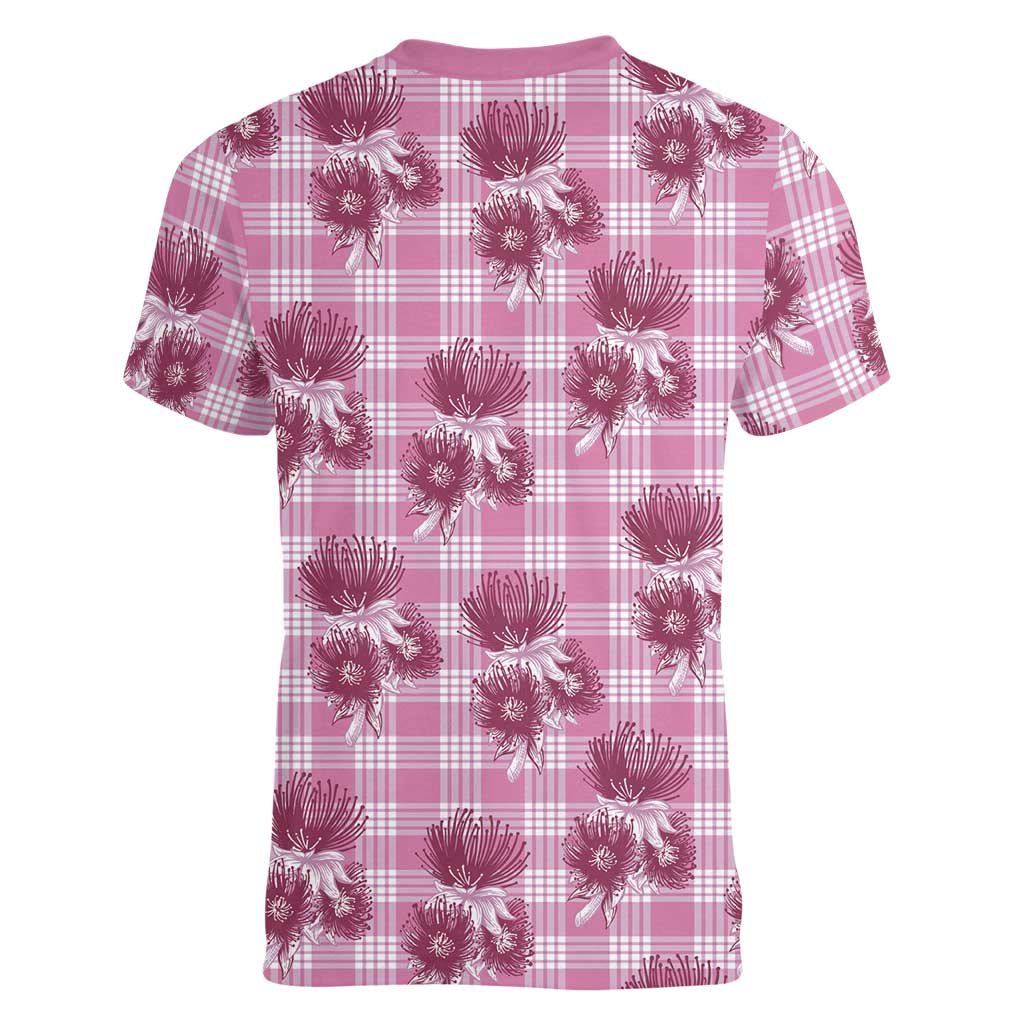 Pink Palaka Hawaii Women V-Neck T-Shirt Hawaiian Lehua Blossoms