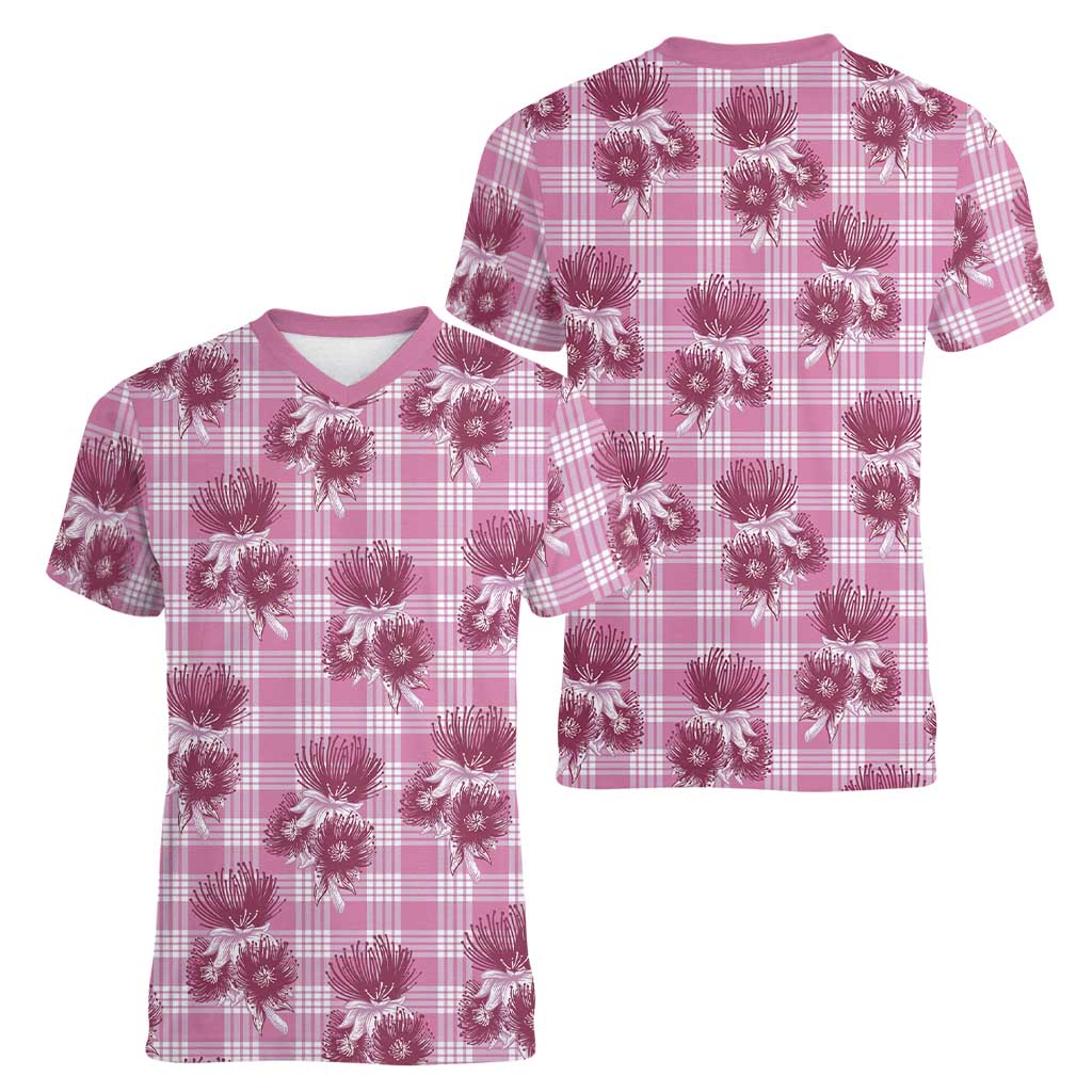 Pink Palaka Hawaii Women V-Neck T-Shirt Hawaiian Lehua Blossoms