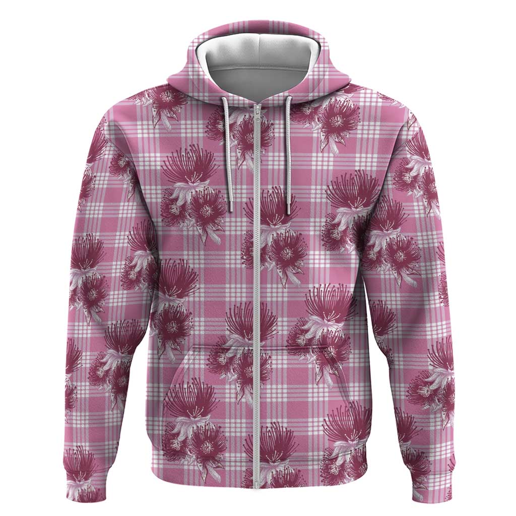 Pink Palaka Hawaii Zip Hoodie Hawaiian Lehua Blossoms