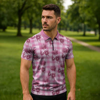 Pink Palaka Hawaii Zipper Polo Shirt Hawaiian Lehua Blossoms