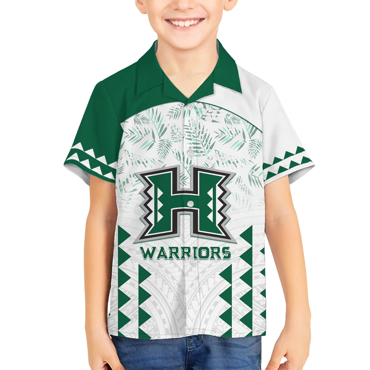 Custom Hawaii Football Family Matching Long Sleeve Bodycon Dress and Hawaiian Shirt Rainbow Warriors Kakau Pattern LT05 Son's Shirt White - Polynesian Pride