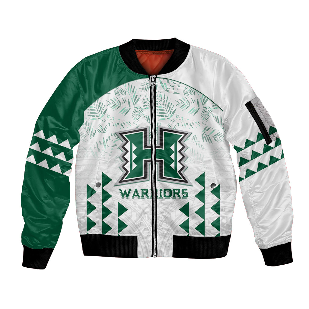 Custom Hawaii Football Sleeve Zip Bomber Jacket Rainbow Warriors Kakau Pattern LT05 Unisex White - Polynesian Pride