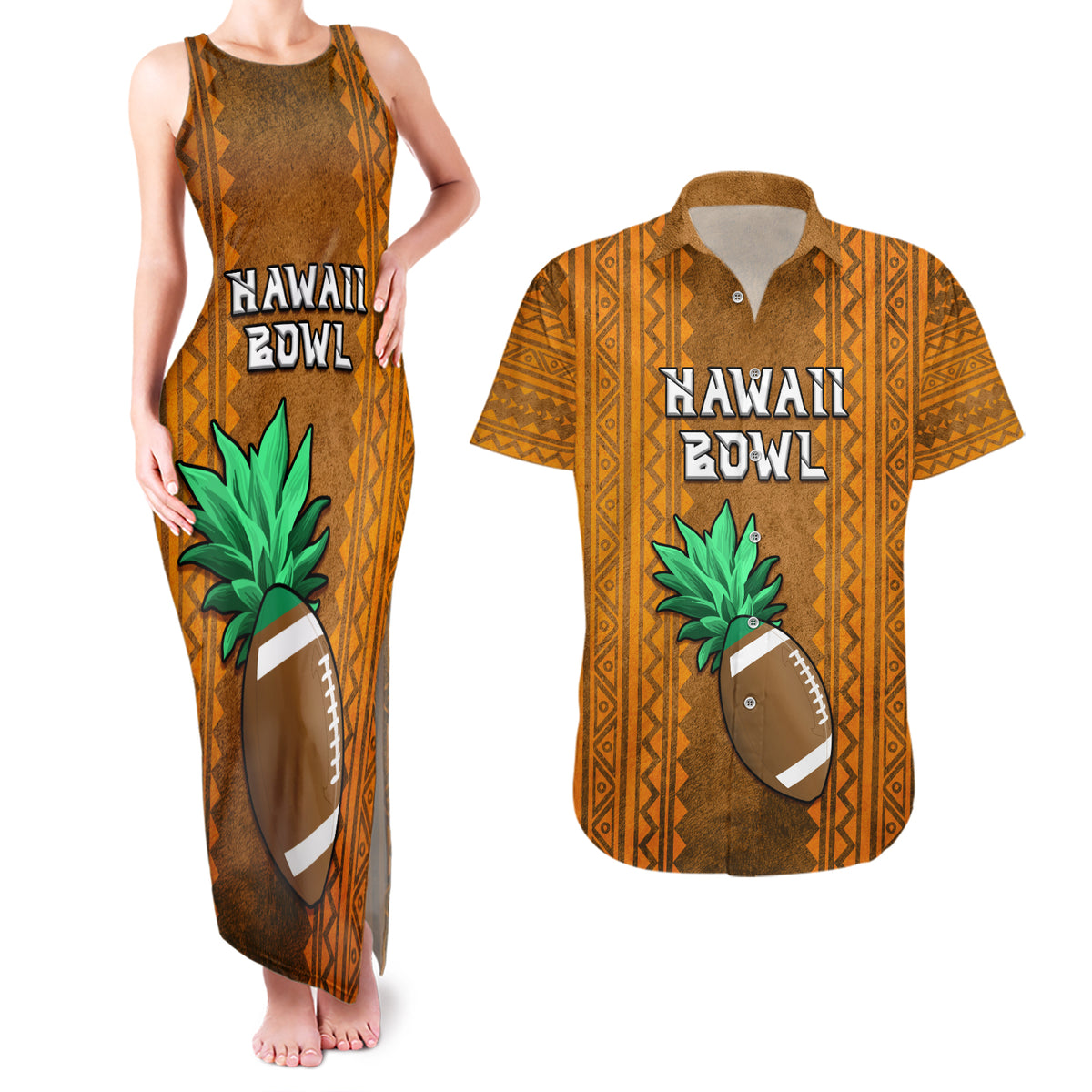 Custom Hawaii Honolulu Football Bowl Couples Matching Tank Maxi Dress and Hawaiian Shirt Simple Style LT05 Brown - Polynesian Pride