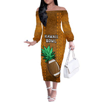 Custom Hawaii Honolulu Football Bowl Off The Shoulder Long Sleeve Dress Simple Style LT05 Women Brown - Polynesian Pride