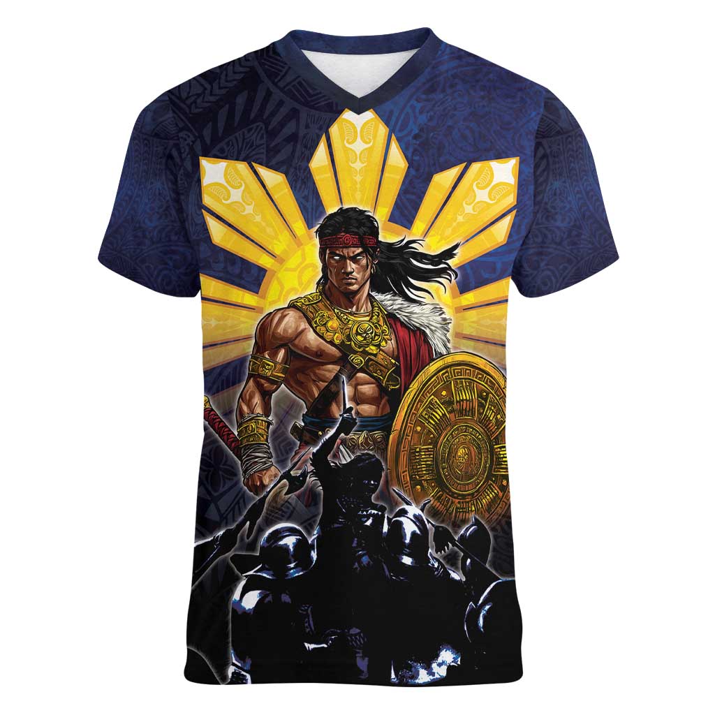 Philippines The First Hero Women V-Neck T-Shirt Lapu Lapu Know Your Roots LT05 Female Navy - Polynesian Pride