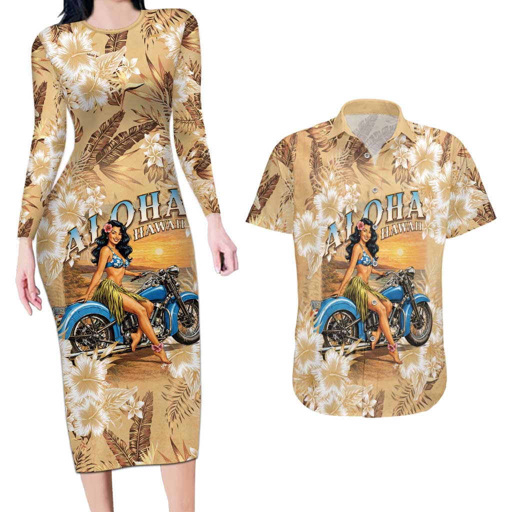 Aloha Hawaii Biker Couples Matching Long Sleeve Bodycon Dress and Hawaiian Shirt Ride To Paradise