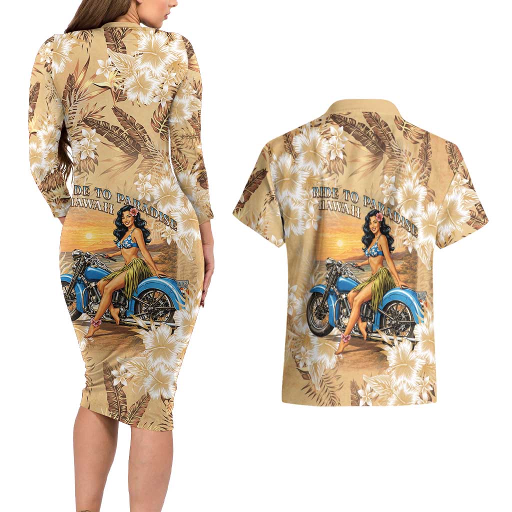 Aloha Hawaii Biker Couples Matching Long Sleeve Bodycon Dress and Hawaiian Shirt Ride To Paradise